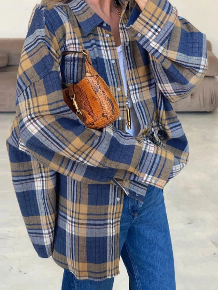 Streamgirl Oversized Plaid Shirt Women 2026 Spring Loose Vintage Long Shirts Full Sleeve Women Plaid Brown Oversized Shirt Blue
