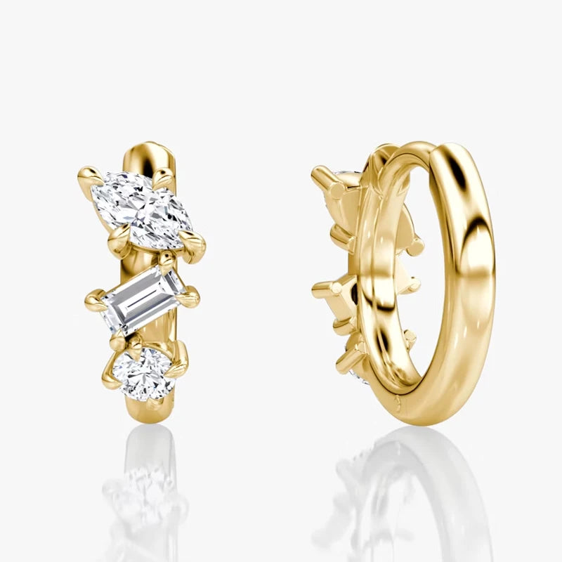 Lnkry 14K Gold Filled Three Stone Huggie Earring Sparkling Marquise/Round/Rectangular Cut Moissanite Hoop Earrings For Women