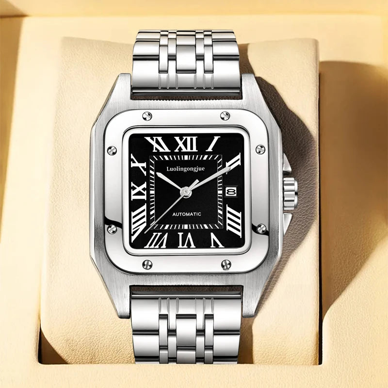 New Genuine High-Quality Square Men's Mechanical Watch, Automatic Winding, Skeleton Design, Stainless Steel Strap, with Calendar Display, European and American Style Tank Series, Fashionable Business Casual Stylish Handsome S