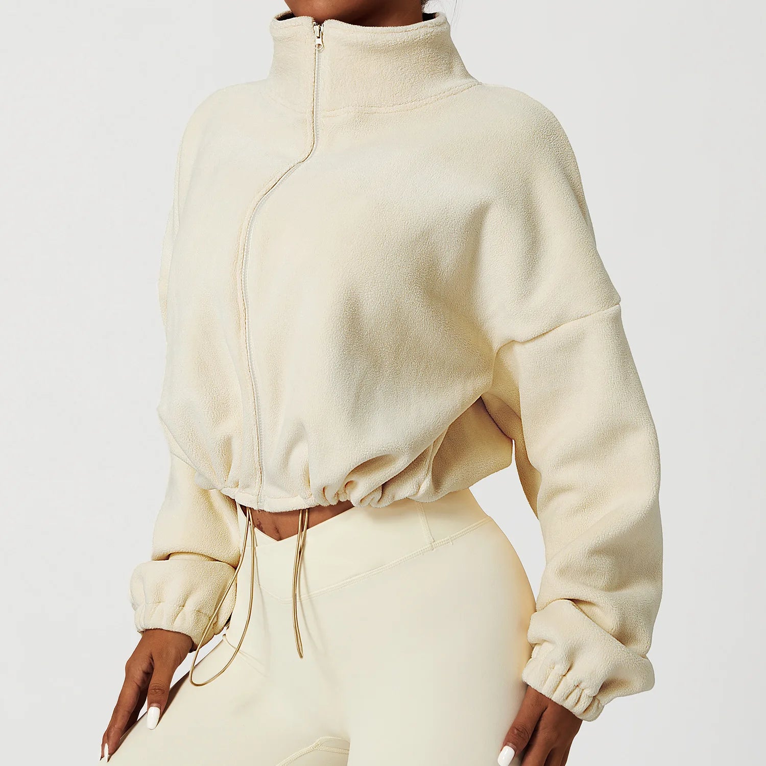 Women's Polar Fleece Zip Hoodie Athletic Loose Fit Crop Top w/ Stand Collar, Thumb Holes & Drawstring Hem for Fall Winter
