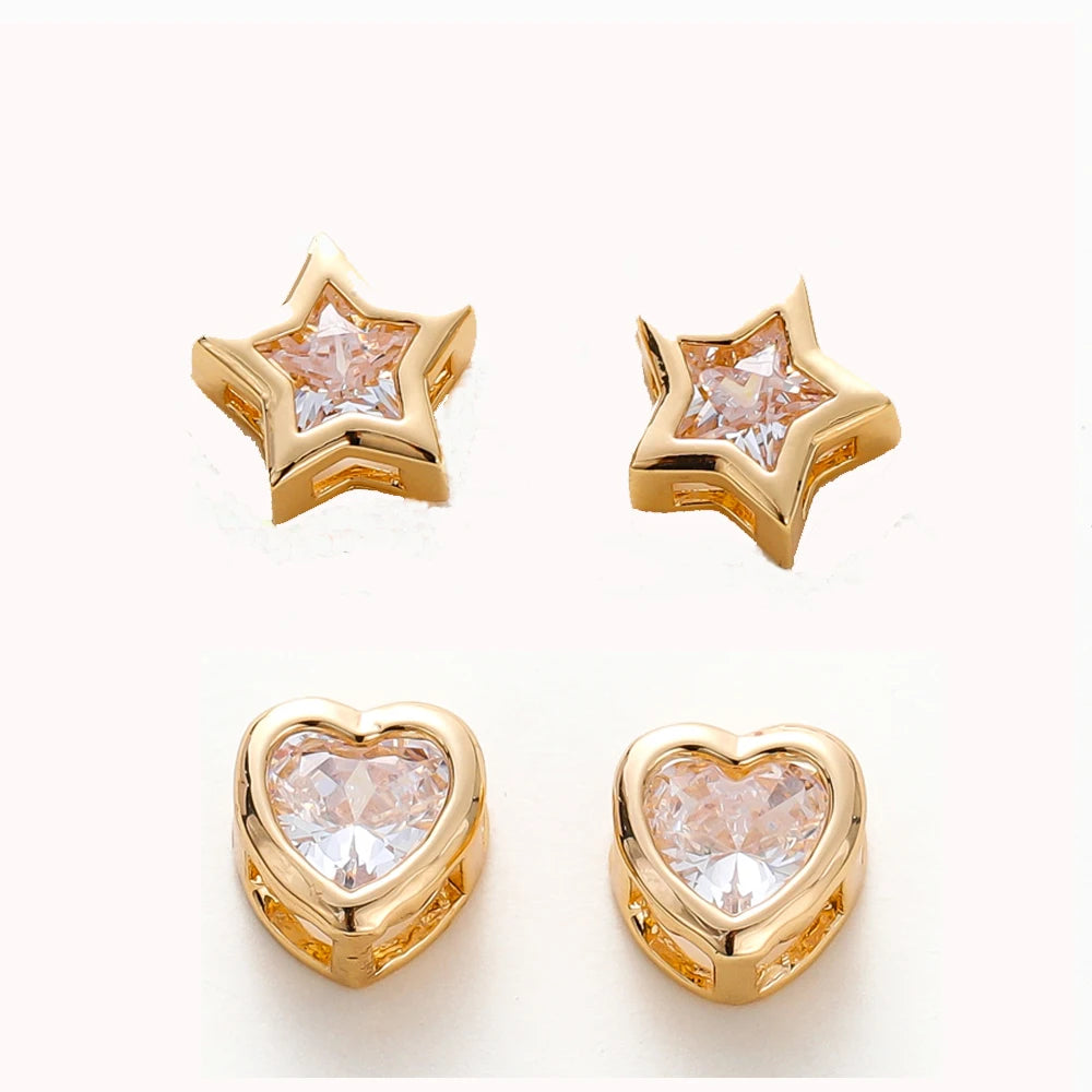 2/4/6pcs 18K Gold Plated Rhinestone Heart Pentagram Beads Brass Metal Cubic Zirconia Spacer Beads DIY Jewelry Making Accessories