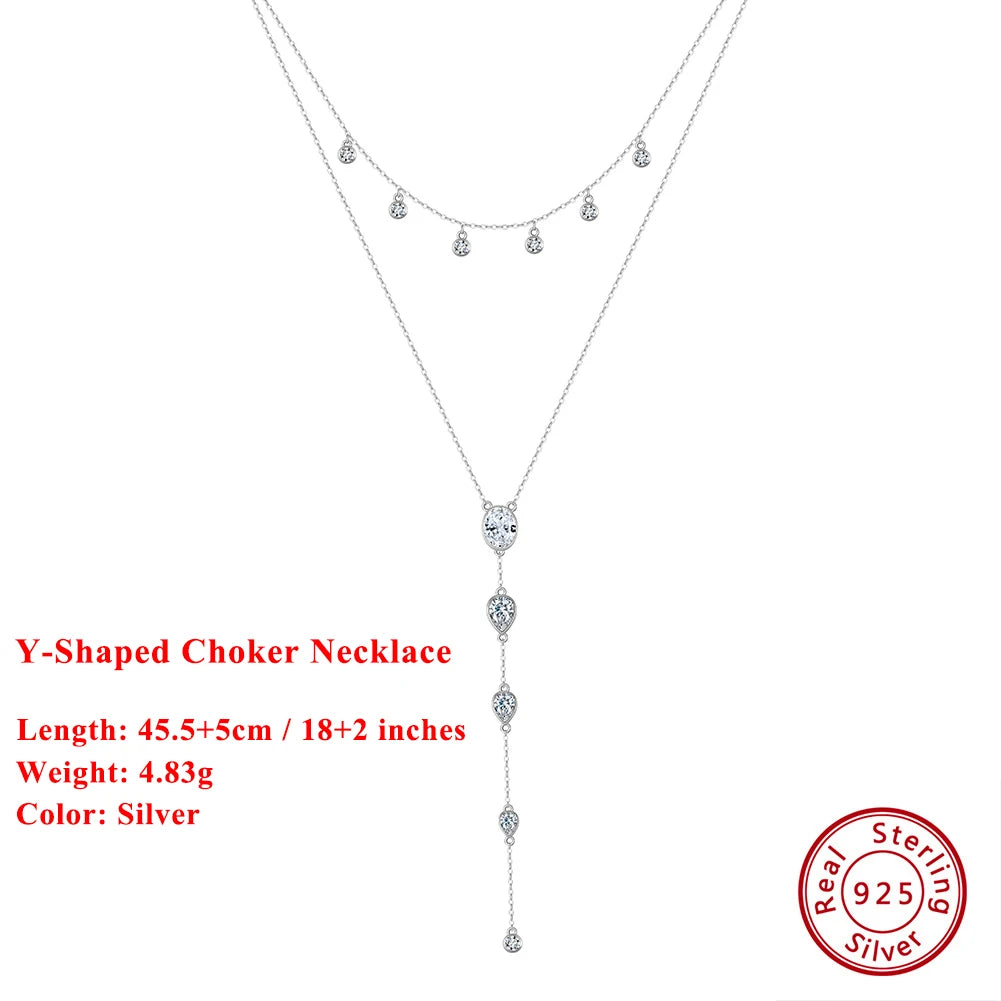 EFFIE QUEEN Dainty Zircon Y-Shaped Pendant Necklace Trendy Layered CZ Beaded Choker Long Chain 925 Sterling Silver Jewelry BQN16