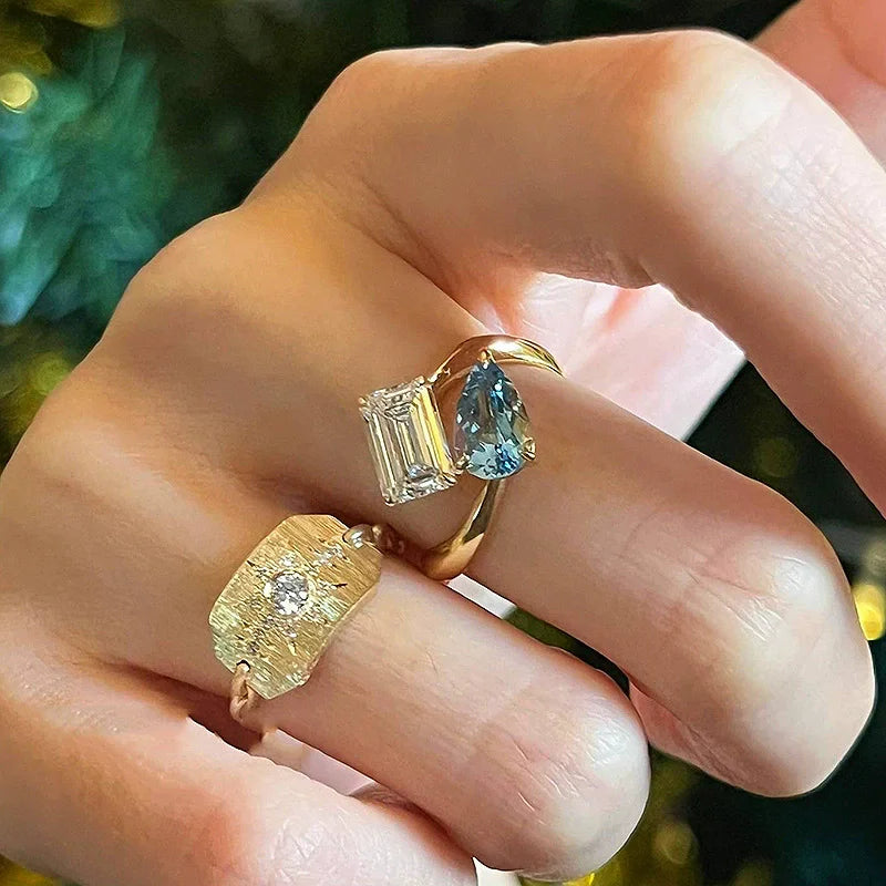 Unique Geometric Blue Zircon Adjustable Finger Rings For Women Fashion New Jewelry Gift Party Holiday anillos mujer