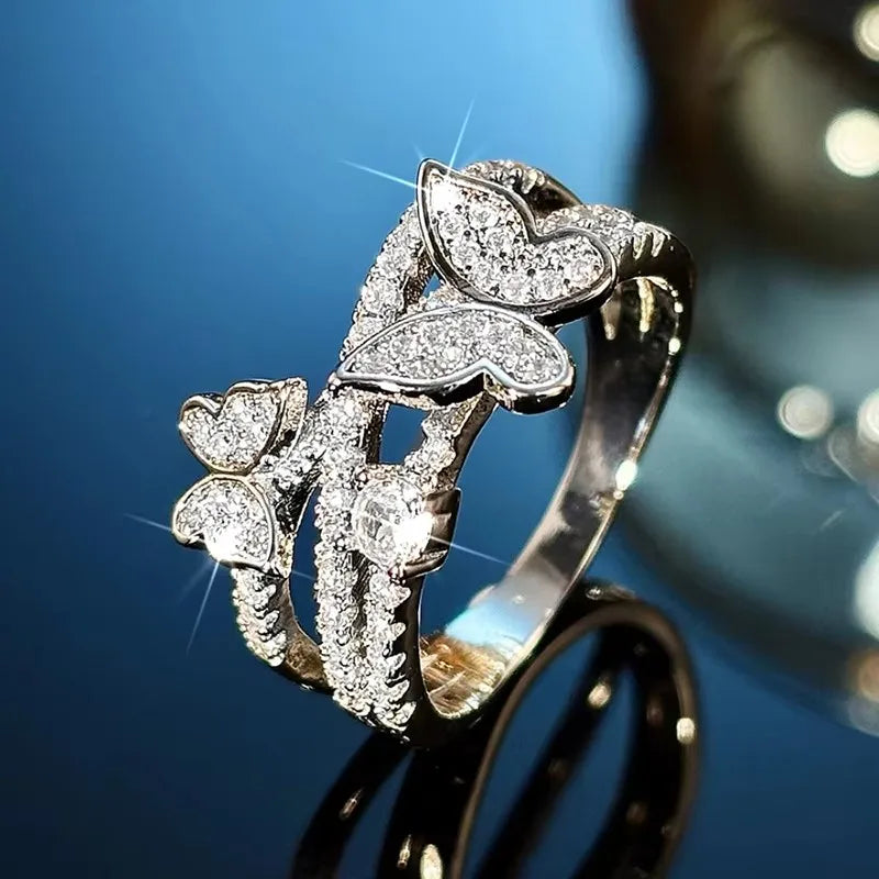 Huitan Romantic Rings with Double Butterfly Shiny Cubic Zirconia Finger Accessories Sweet Exquisite Graceful Jewelry for Wedding