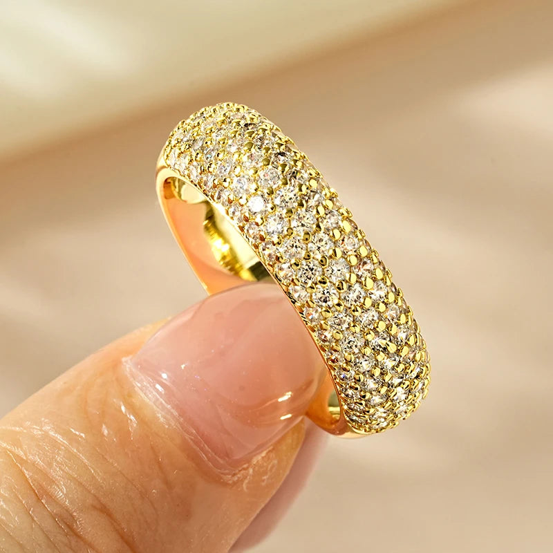 Rrjzz Exquisite Micro CZ Simulated Diamond Band Ring 14k Gold-Plated Couple Rings Luxury Jewelry for Women Men Anniversary Gift