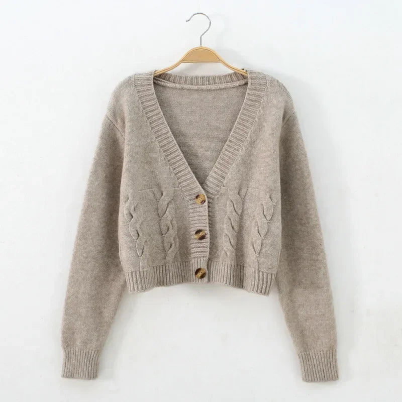 2025 V Neck Cropped Cardigan Women Long Sleeve Twist Knitted Sweater Coats Autumn Winter Keep Warm Korean Fashion Cardigan