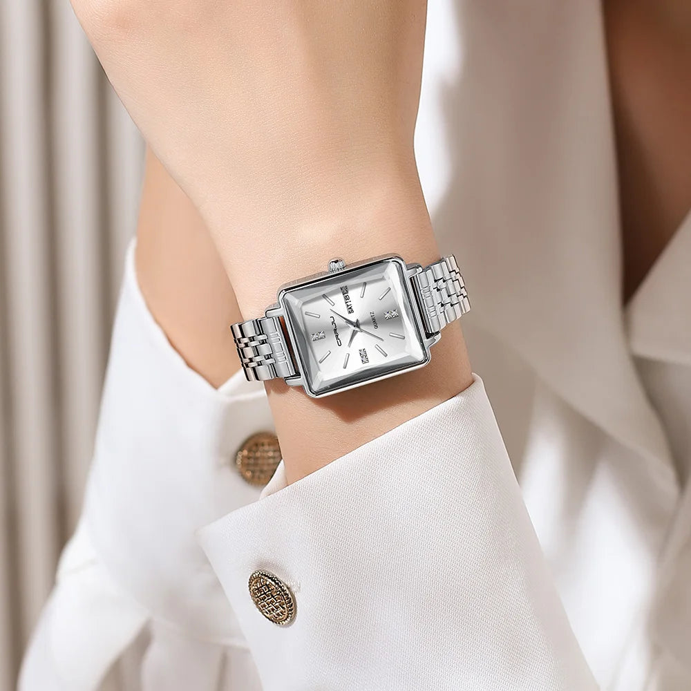 CRRJU Waterproof Women's Square Quartz Dress Watch Ladies Steel Bracelet Wristwatch with Date Relogio Feminin