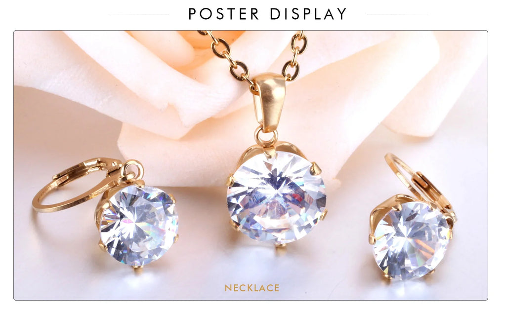 Delicate Jewelry Sets Charm White Blue Pink Color Bling Crystal Pendant Necklace Earring Brinco Wedding Dainty Daily Wear Bijoux