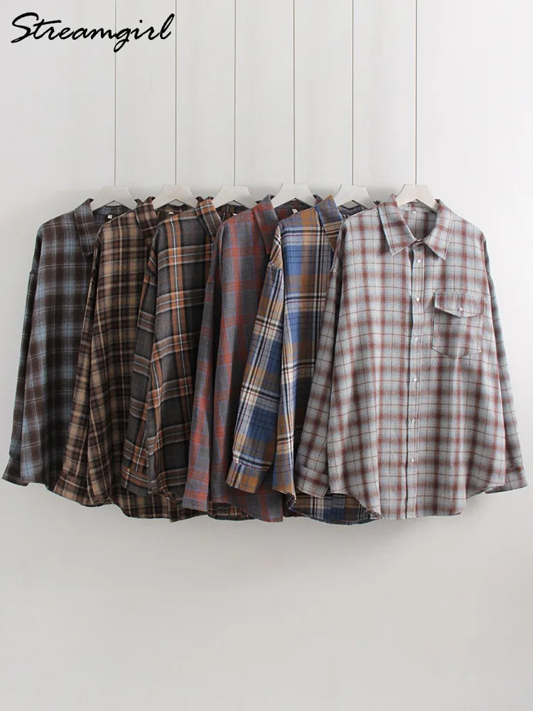 Streamgirl Oversized Plaid Shirt Women 2026 Spring Loose Vintage Long Shirts Full Sleeve Women Plaid Brown Oversized Shirt Blue