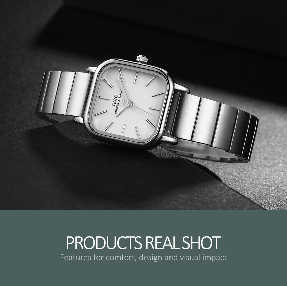 IBSO 2022 New Women Quartz Watches Waterproof Japanese Movement Stainless Steel Strap Square Dial Elegant Female Wristwatches