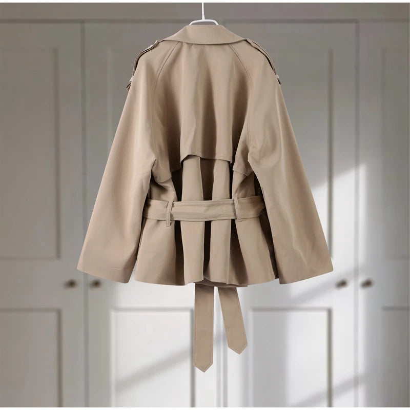 Casual Loose Jackets Women Lapel Long Sleeves Belt Double Breasted Short Windbreaker 2025 Spring Fashion Chic Streetwears Lady