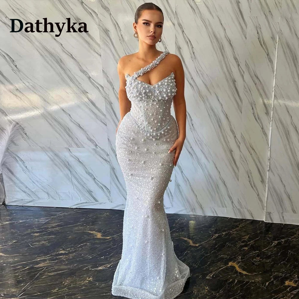 Dathyka Attractive Beads Formal Evening Dress  Bling Tulle One Shoulder Trumpet Sweep Train Vestidos De Gala Customized