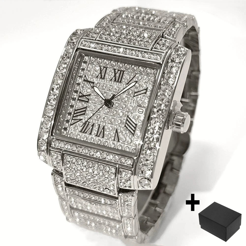 UNIGUET Iced Out Watch For Men Luxury Gold Stainless Steel Quartz Watches Hip Hop Full Diamonds Rectangle AAA Wristwatch Man