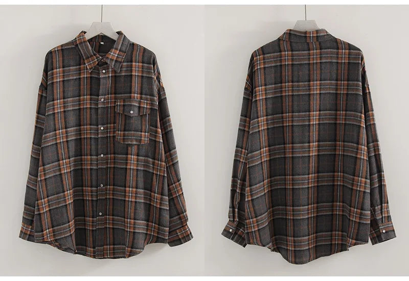 Streamgirl Oversized Plaid Shirt Women 2026 Spring Loose Vintage Long Shirts Full Sleeve Women Plaid Brown Oversized Shirt Blue