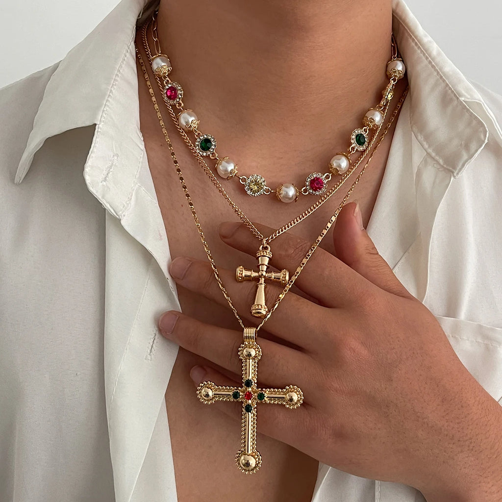 Ingemark 3Pcs/Set Colorful Acrylic Rhinestone Jesus Cross Pendant Necklace Men 2025 New Creative Hip Hop Unisex Y2K Jewelry Gift