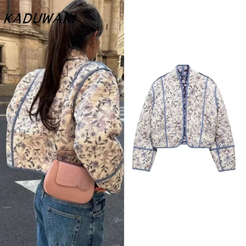 KADUWAKI Fashion Retro Stand-up Collar Long-sleeved Printed Two-sided Wear Quilted Short Cotton Jacket Classic Casual Streetwear