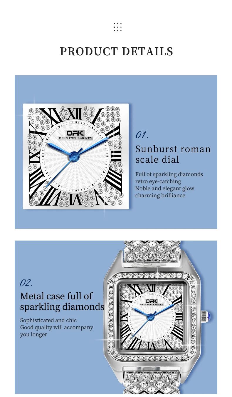 OPK brand full diamond waterproof Roman scale steel belt ladies quartz watch 8619