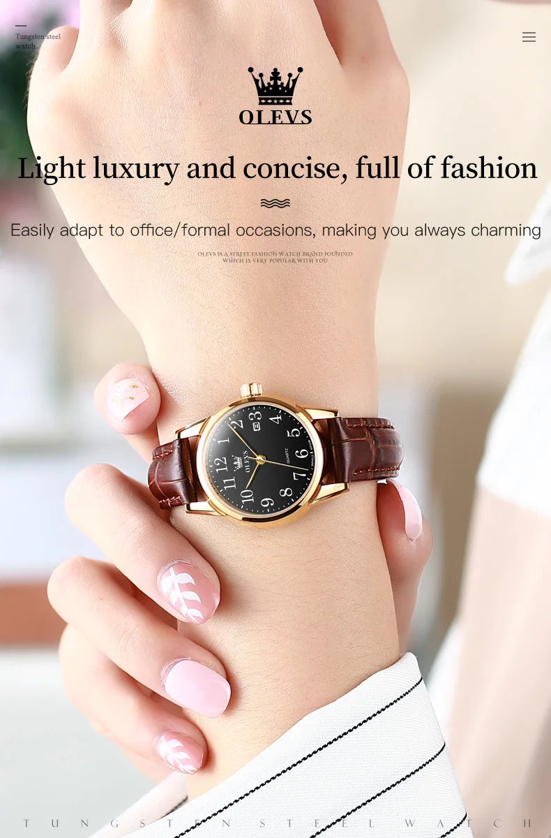 OLEVS 5566 Fashion Quartz Watch for Men and Women Leather Strap Waterproof Original Watch Arabic Numeral Scale Giving to Elders