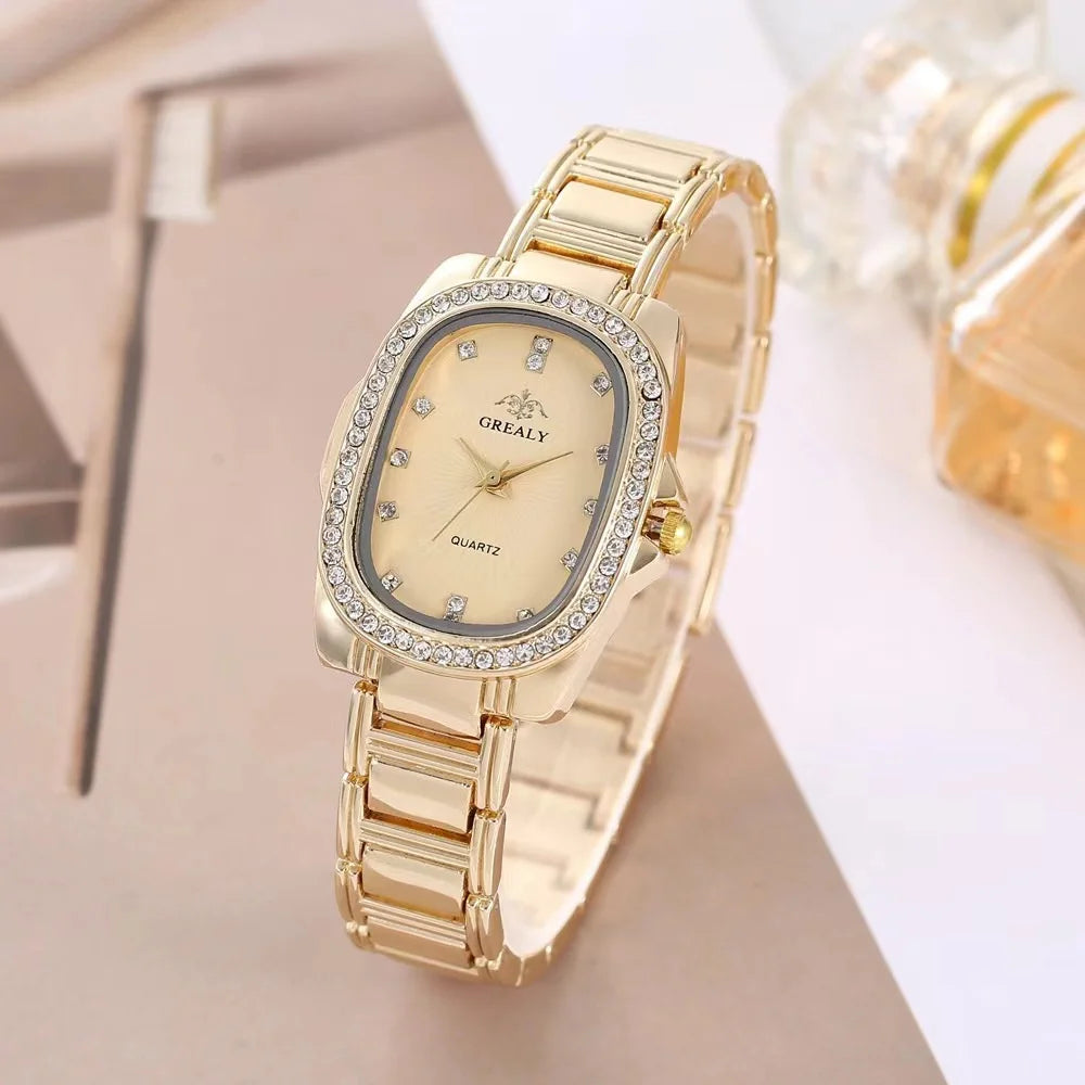 Fashion GREALY Brand Luxury Oval Dial Rhinestone Ladies' Watch  Gold Silver zinc alloy Quartz Wristwatch for Women
