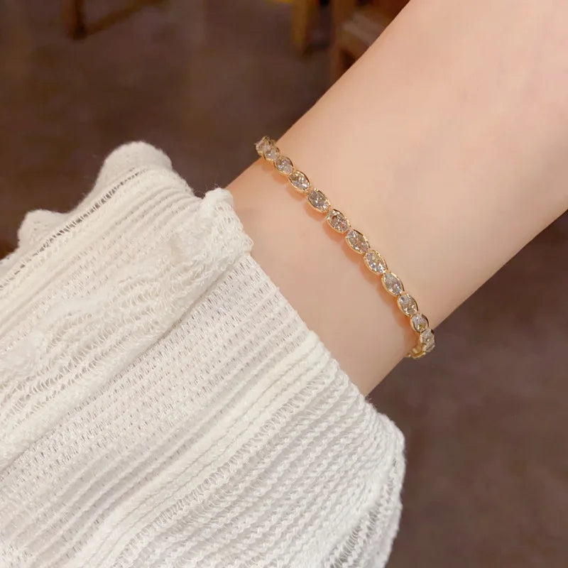 Dainty Oval Zircon Link Chain Bracelet Women Real Gold Plating Sparkling Minimalist Fashion Jewelry Wedding Party Accessory 1750