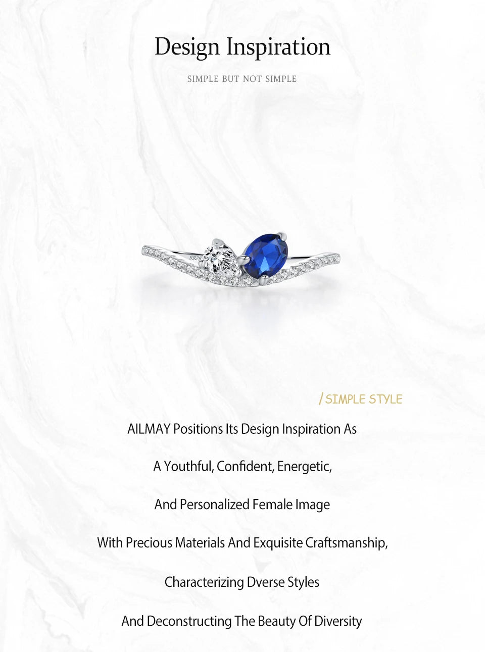 Ailmay 925 Sterling Silver Sparkling Blue White Finger Ring For Women Girls Party Fashion Stackable Fine Jewelry