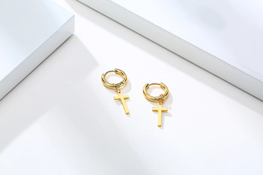Dainty Minimalist Gold Color Dangling Cross Shaped Charm Huggie Pierced Hoop Earrings For Guy Men Women Jewelry