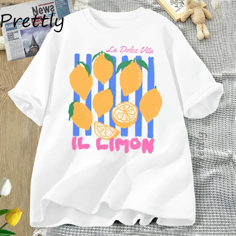 Lemon Tshirt Italian Summer Fruit T Shirt Cotton Short Sleve Loose Tshirt Women Ladies Vintage Graphic Tees Aesthetic Clothes