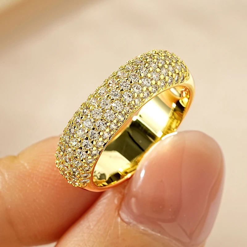 Rrjzz Exquisite Micro CZ Simulated Diamond Band Ring 14k Gold-Plated Couple Rings Luxury Jewelry for Women Men Anniversary Gift