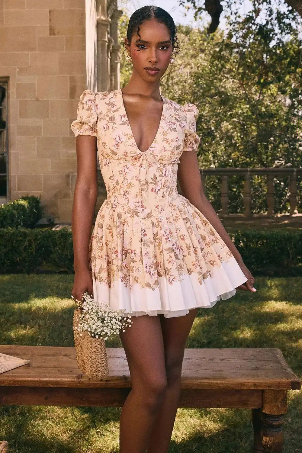 Townlike Patchwork Print Waiist Wrap A-line Pleated Dress Women Mini 2024 Summer Dress V Neck Nightclub Sexy Party Dresses