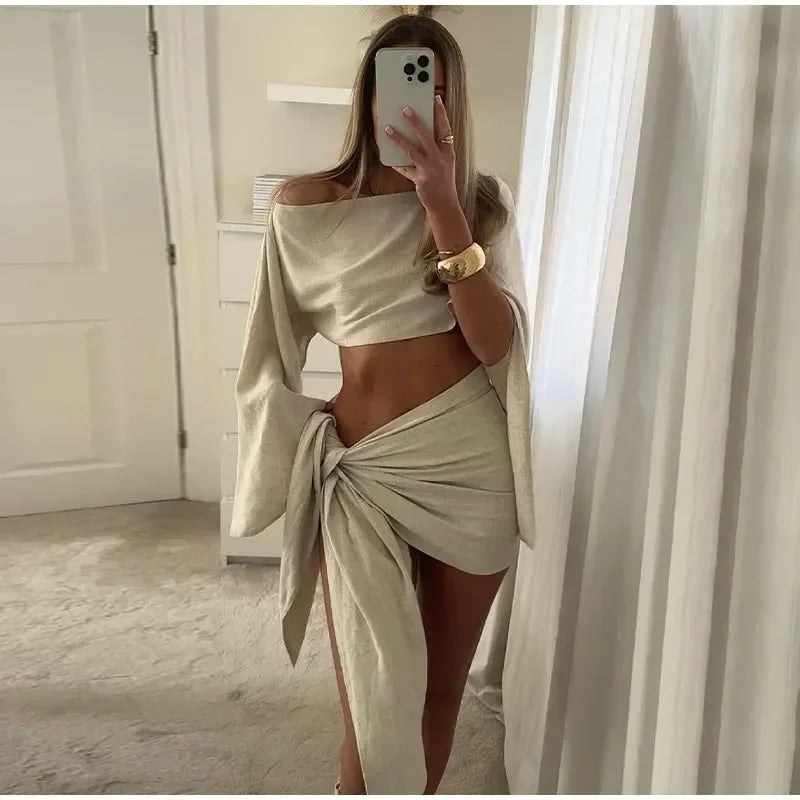 Women Solid Color Shawl Tops Mini Knot Skirt Suit Cotton Linen Comfort Skirts Set 2026 Spring Summer Lady Beach Holiday Outfit
