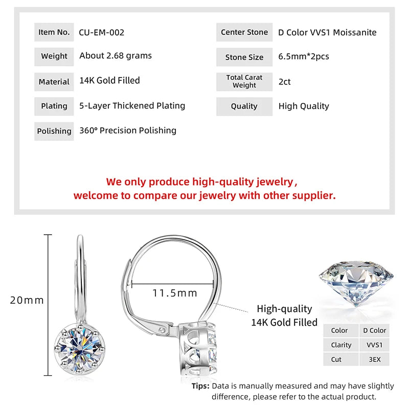 RAPRGOLD 1.0CT Round Moissanite Classic Clip Hoop Earrings for Women 14K Gold Filled Delicate Huggie Jewelry Anniversary Gifts
