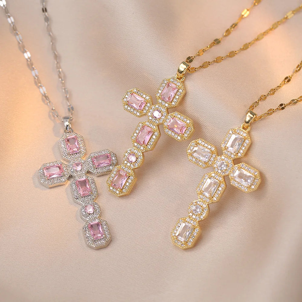 Luxury Big Cross Pendant Clavicle Necklaces For Women Silver Gold Color Square Pink White Zircon Choker Valentine Jewelry Gifts