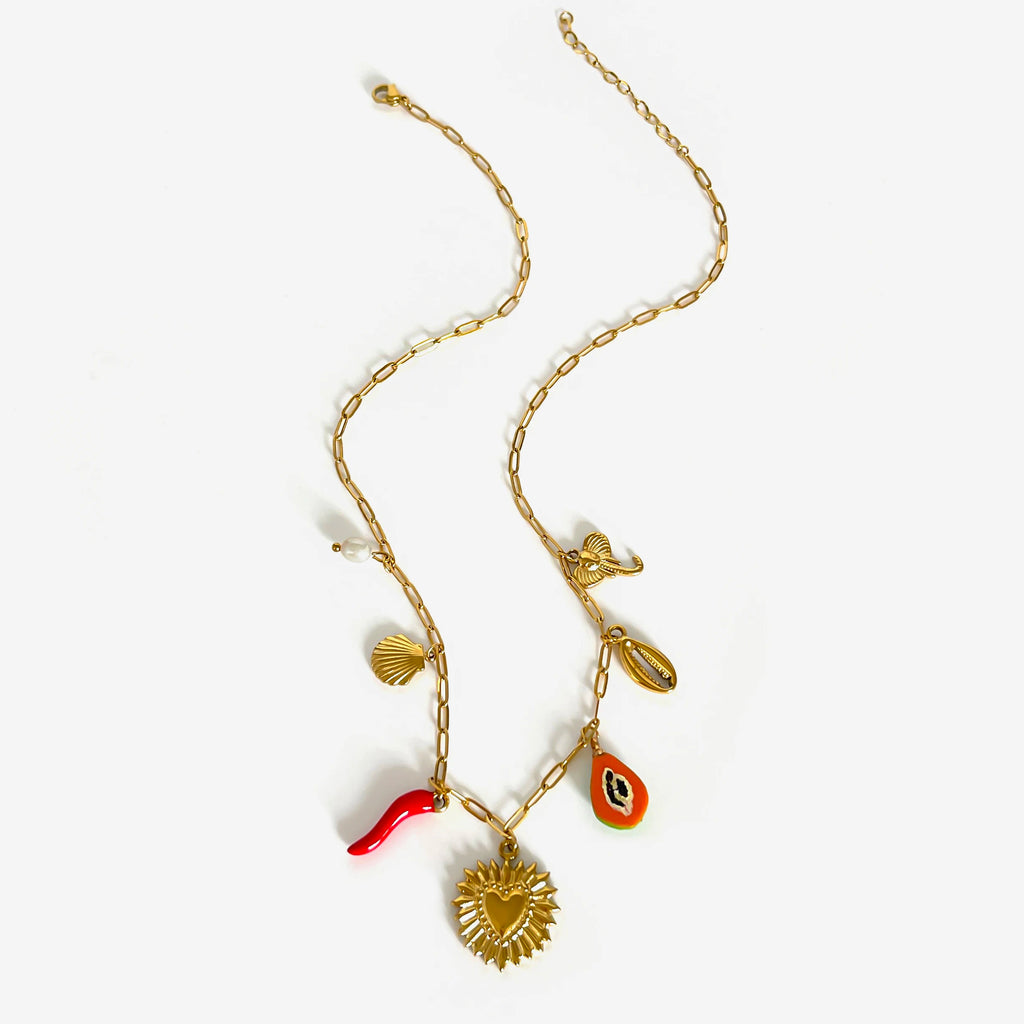 Peri'sbox Boho 18K Gold Plated Freshwater Pearl Red Enamel Pepper Shell Heart Pendant Necklace Women Beach Party Gift Waterproof