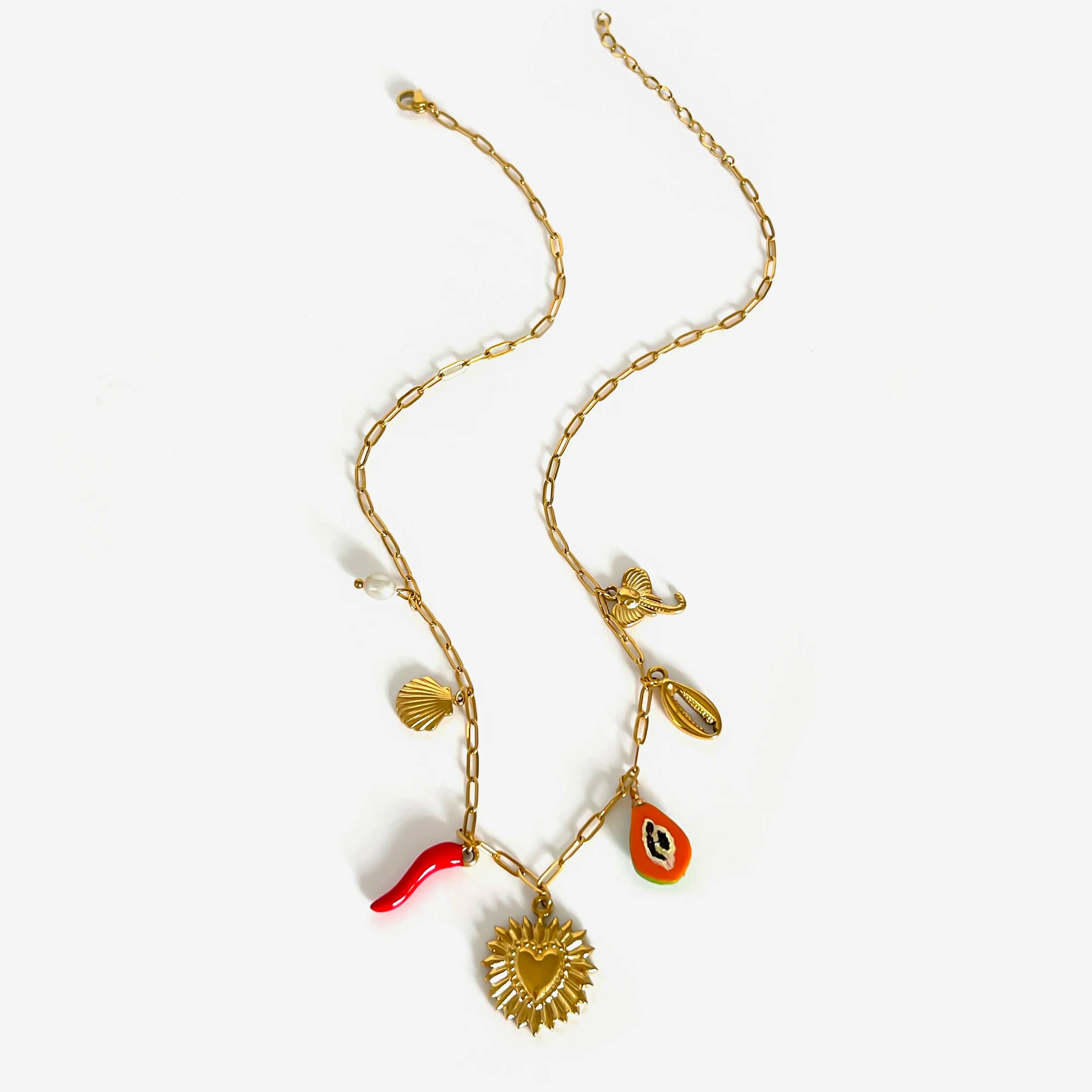 Peri'sbox Boho 18K Gold Plated Freshwater Pearl Red Enamel Pepper Shell Heart Pendant Necklace Women Beach Party Gift Waterproof