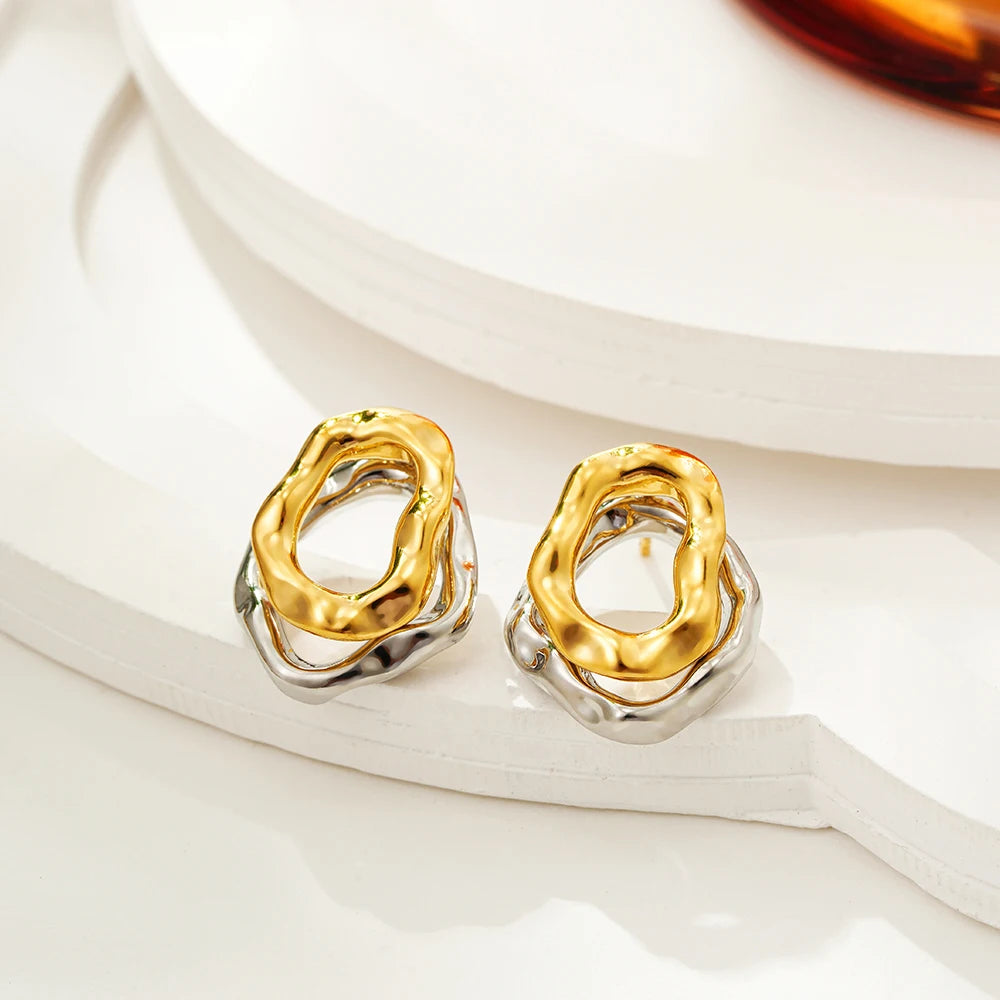 Two-wear Irregular Gold Sliver Colors Circles Bilayer Piercing Post Earring for Women Bicolor Hammered Texture Geometric Jewelry