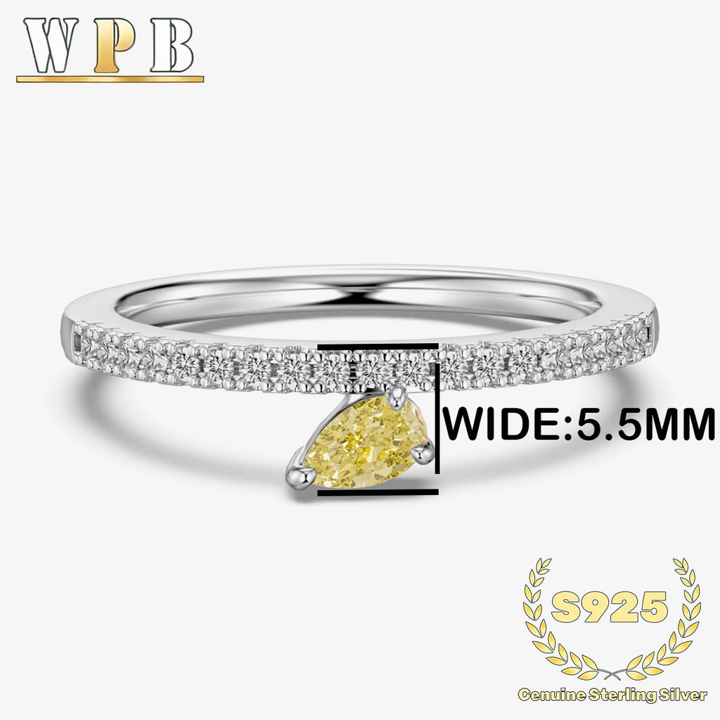 Genuine S925 Sterling Silver Ring with 8A Yellow Pear Radiant Cut Zircon&Sparkling Stone Band Elegant Contrast Jewelry for Women