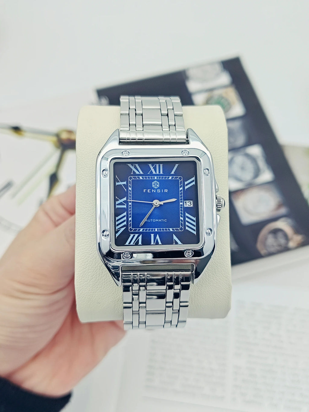 Luxury Santos Tank Watch for Men, Calendar Display, Stainless Steel Strap, High-End Luxury Small Square Men's Watch, Fashionable Business Casual Versatile Trendy Men's Wristwatch, the Best Gift for Him