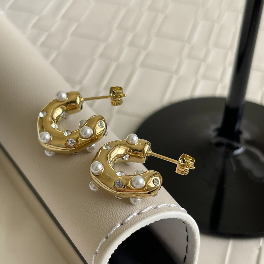 ZAKOL Y2K Trendy U Shape Stainless Steel Round Earrings For Women Girls Gold Color Imitation Pearl Crystal Ears Jewelry Gifts