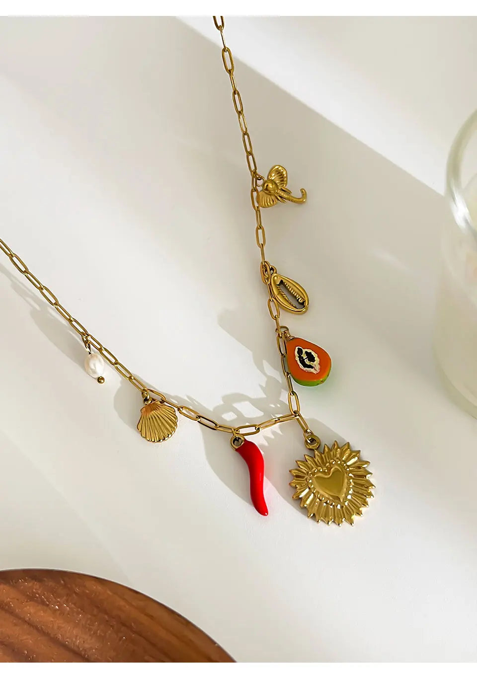 Peri'sbox Boho 18K Gold Plated Freshwater Pearl Red Enamel Pepper Shell Heart Pendant Necklace Women Beach Party Gift Waterproof