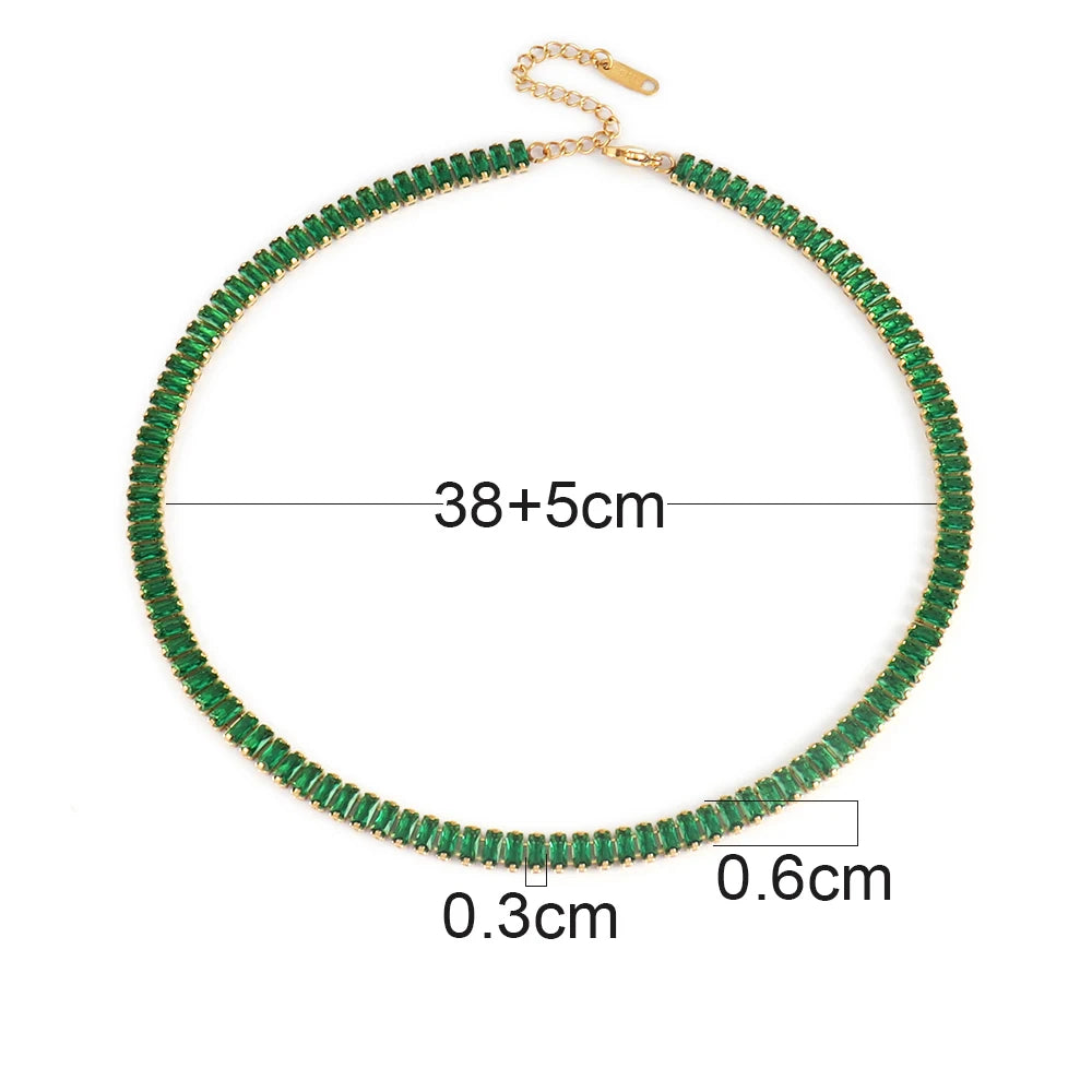 Stainless Steel Necklace Shiny Crystal White Green Cubic Zircon Choker Necklaces For Women Tennis Chain Necklace Jewelry Gift