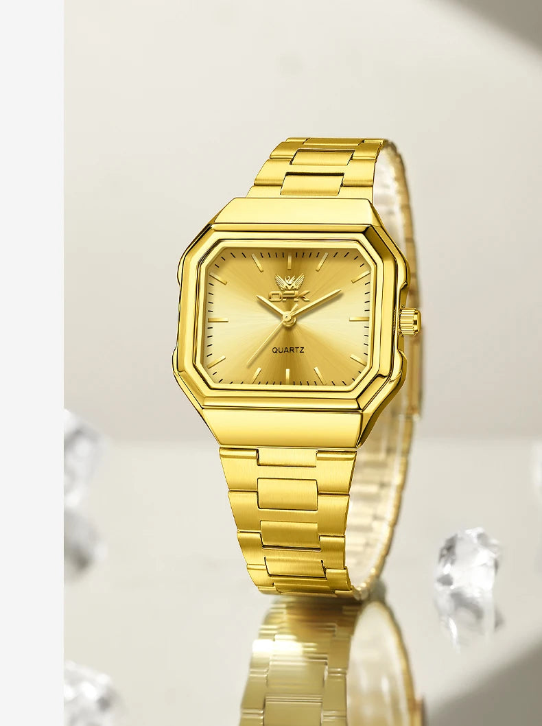 OPK 6080 Classic Fashion Ladies Quartz Watch Retro Square Dial Adjustable Strap Stainless Steel 30m Waterproof Watch For Women