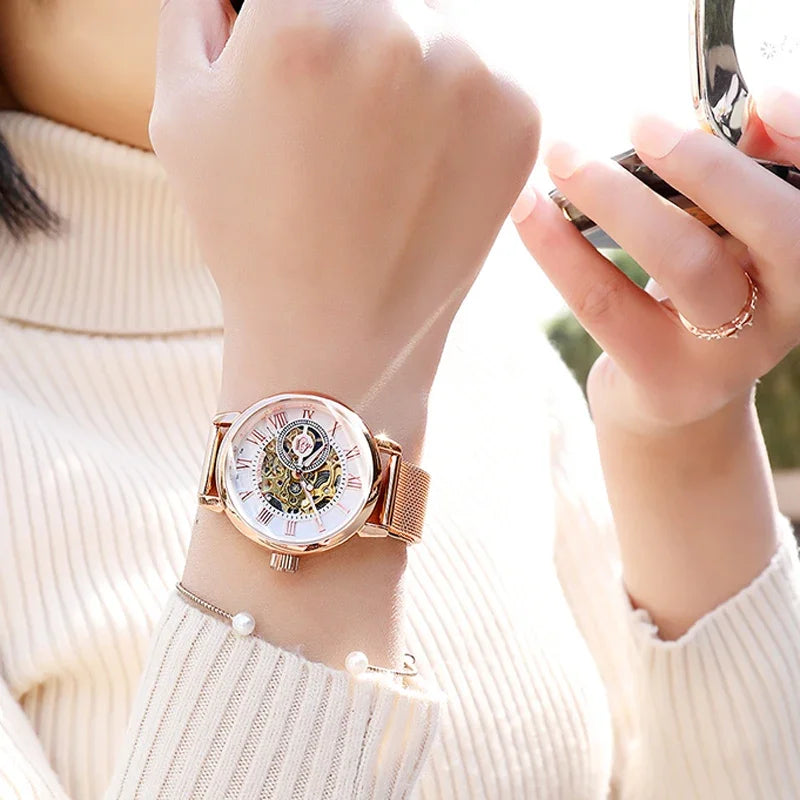 ORKINA Luxury Brand Skeleton Design Waterproof Automatic Mechanical Stainless Steel Mesh Strap Rose Gold Wrist Watch for Women