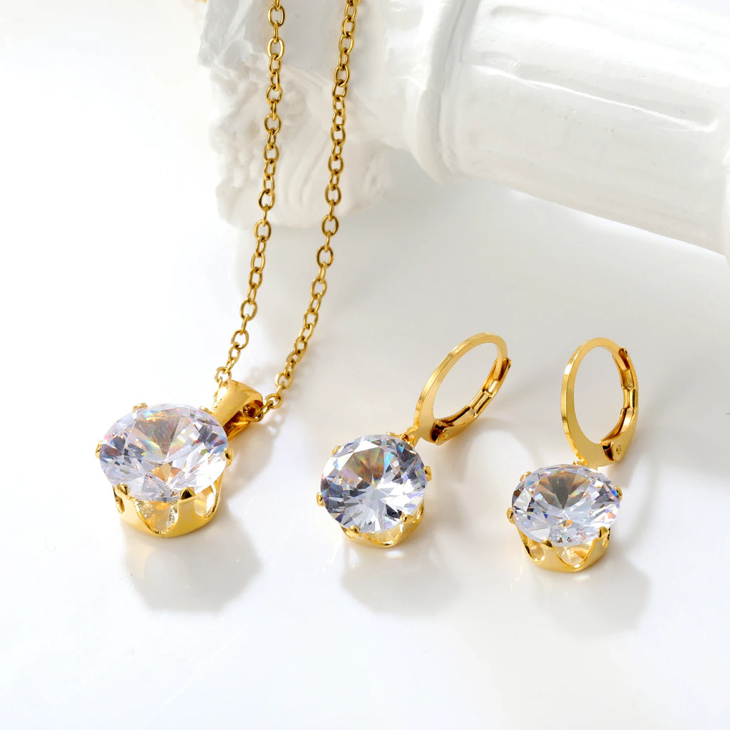 Delicate Jewelry Sets Charm White Blue Pink Color Bling Crystal Pendant Necklace Earring Brinco Wedding Dainty Daily Wear Bijoux