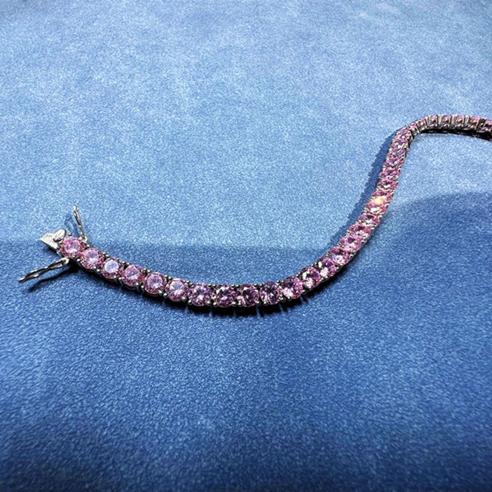 Wong Rain Solid 925 Sterling Silver 5MM Lab Pink Sapphire High Carbon Diamonds Gemstone Tennis Chain Bracelets Fine Jewelry