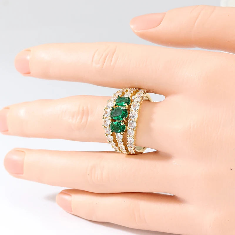 Dazzle Vintage Inlaid Green Synthetic Zirconia Golden Ring for Women Elegant Luxurious Festival Celebration Jewelry Accessories