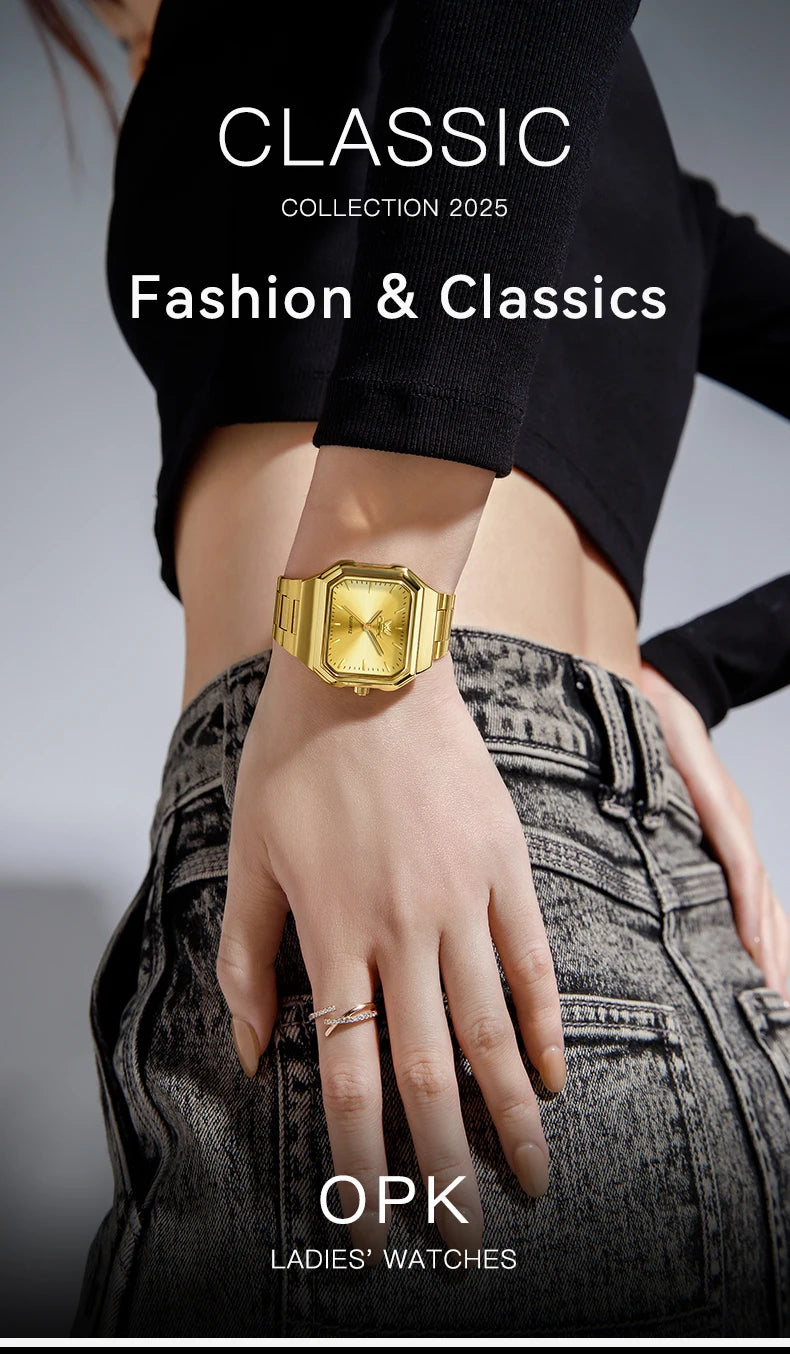 OPK 6080 Classic Fashion Ladies Quartz Watch Retro Square Dial Adjustable Strap Stainless Steel 30m Waterproof Watch For Women