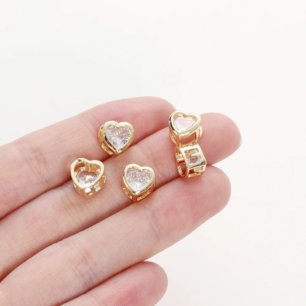 2/4/6pcs 18K Gold Plated Rhinestone Heart Pentagram Beads Brass Metal Cubic Zirconia Spacer Beads DIY Jewelry Making Accessories