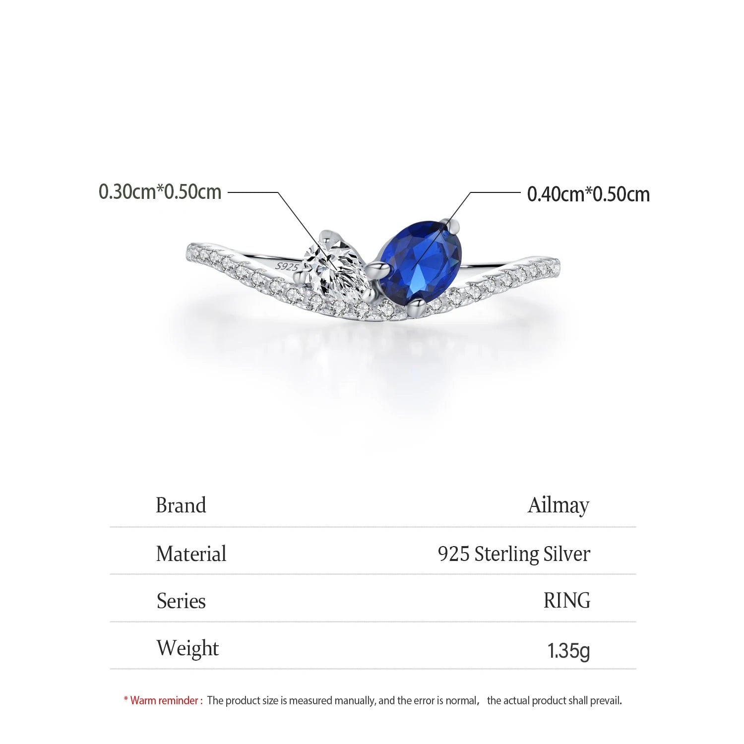 Ailmay 925 Sterling Silver Sparkling Blue White Finger Ring For Women Girls Party Fashion Stackable Fine Jewelry