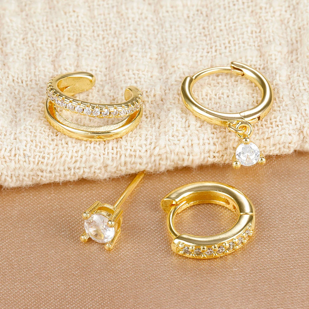 4PCS Trendy Gold Color Huggie Hoop Earrings Set for Women Tiny CZ Ear Cuff Studs Hypoallergenic Cartilage Piercing Jewelry