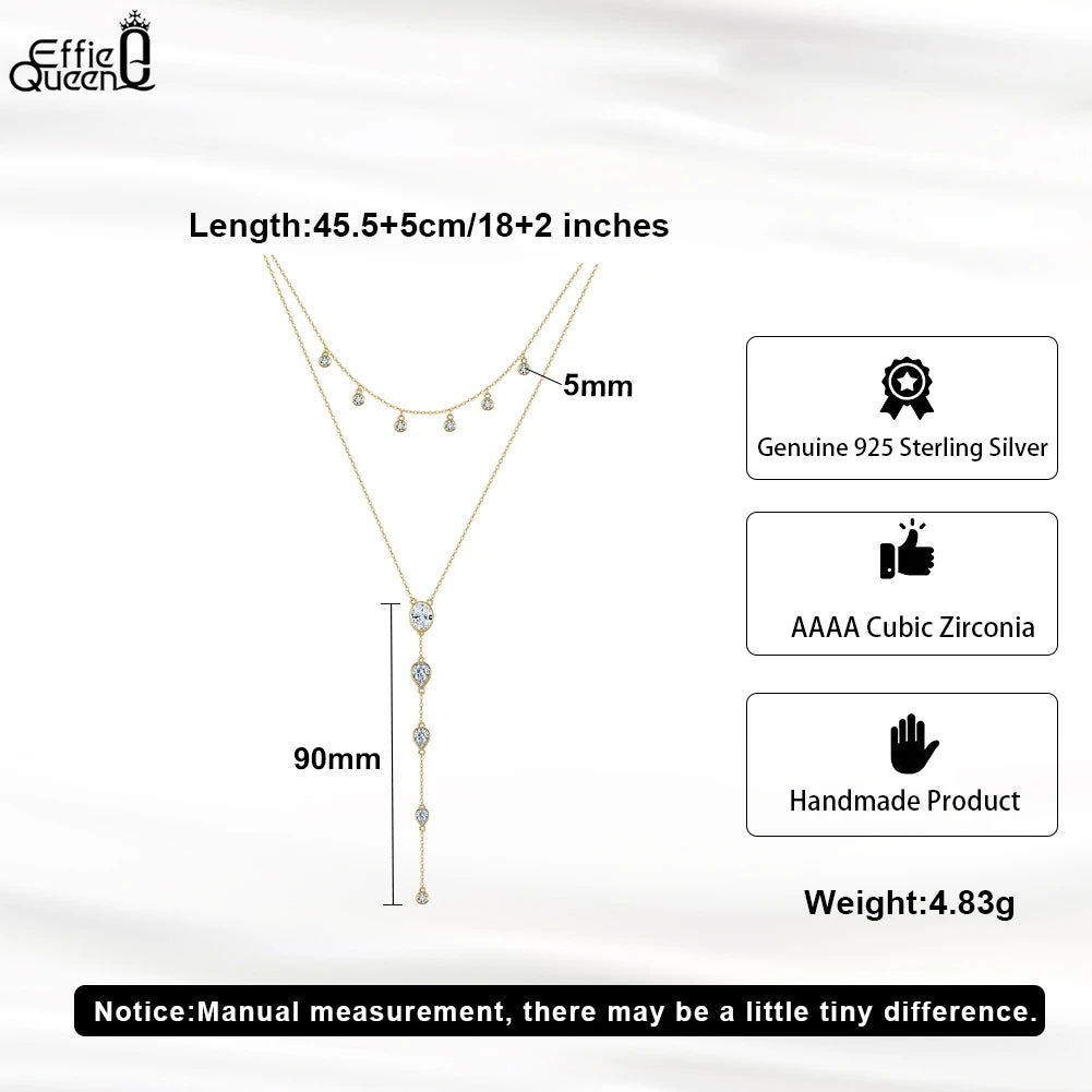 EFFIE QUEEN Dainty Zircon Y-Shaped Pendant Necklace Trendy Layered CZ Beaded Choker Long Chain 925 Sterling Silver Jewelry BQN16